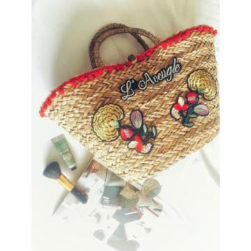 Women&#039;s handmade summer beach straw bag with pom pom flower letters embroidery