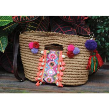 Women&#039;s handmade straw bag handbag with embroidery and shells tassels pom poms