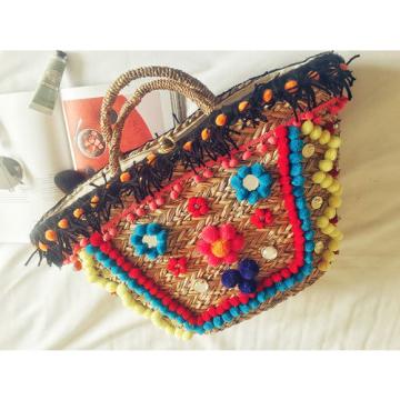 Women&#039;s handmade summer beach straw bag boho bomian bag with pom pom tassels