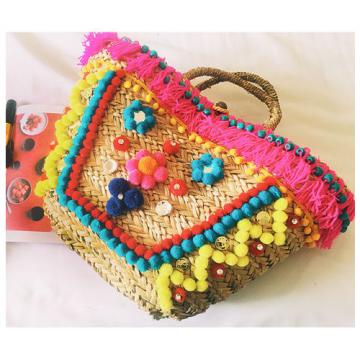 Women&#039;s handmade summer beach straw bag boho bomian bag with pom pom tassels