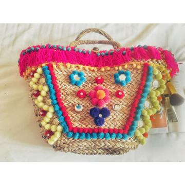 Women&#039;s handmade summer beach straw bag boho bomian bag with pom pom tassels