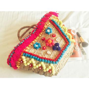 Women&#039;s handmade summer beach straw bag boho bomian bag with pom pom tassels