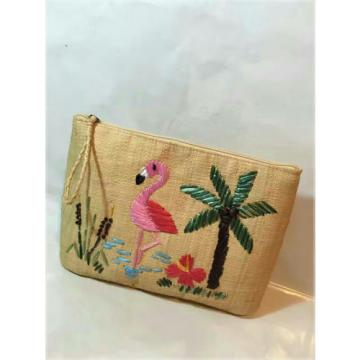 Women&#039;s handmade summer straw clutch bag handbag with flamingo bird embroidery