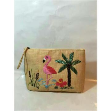 Women&#039;s handmade summer straw clutch bag handbag with flamingo bird embroidery