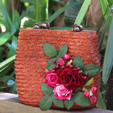 Women&#039;s handmade woven straw bag handbag with flower leaves berries blossoms