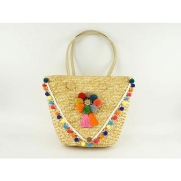 Women&#039;s handmade beach straw shoulder bag boho bohemian handbag with pom poms