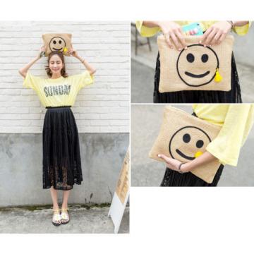 Women&#039;s handmade cute summer straw clutch bag with Emoji smile face tassel