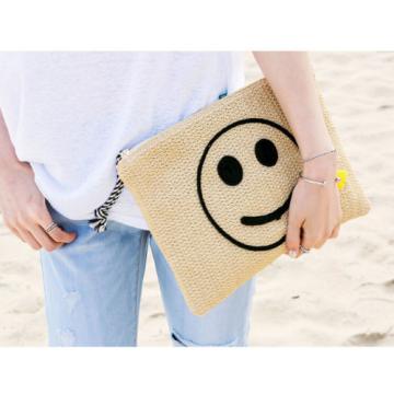 Women&#039;s handmade cute summer straw clutch bag with Emoji smile face tassel