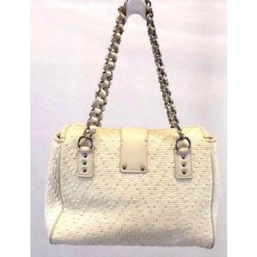 Ann Taylor Handbag Satchel Bag Handbag Leather &amp; chain strap White Straw Small