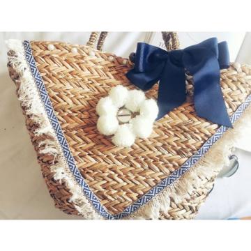 Women&#039;s handmade summer beach straw bag with pom pom fringe appliques bow pearls