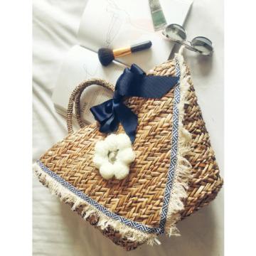 Women&#039;s handmade summer beach straw bag with pom pom fringe appliques bow pearls