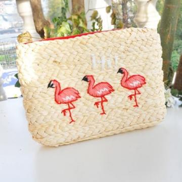 Women&#039;s handmade woven straw clutch bag with flamingo bird embroidery summer bag