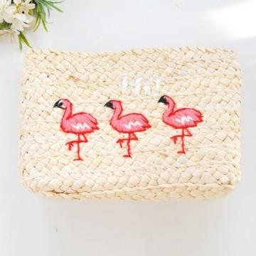 Women&#039;s handmade woven straw clutch bag with flamingo bird embroidery summer bag