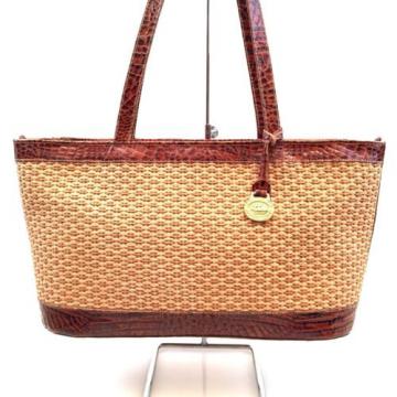 Brahmin Woven Wicker Straw &amp; Brown Croc Leather Handbag Shoulder Bag Purse Tote