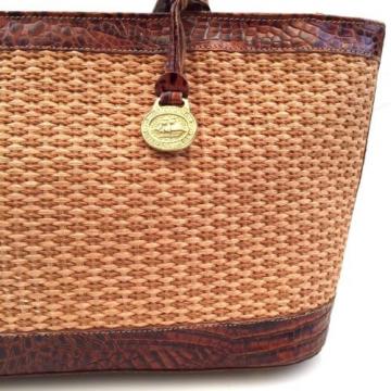 Brahmin Woven Wicker Straw &amp; Brown Croc Leather Handbag Shoulder Bag Purse Tote