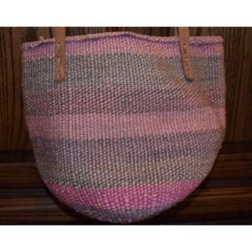 Large Vintage Woven Straw with Leather Handles Bucket Tote Beach Bag