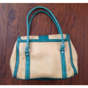 Monsac Woven Straw Shoulder Bag Purse Teal Croc Leather Trim NEW