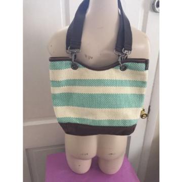 THIRTY-ONE CANVAS CREW STRIPED TURQUOISE &amp; WHITE STRAW Small TOTE BAG