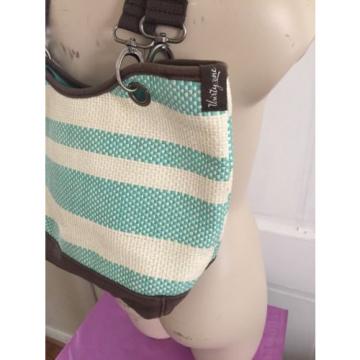 THIRTY-ONE CANVAS CREW STRIPED TURQUOISE &amp; WHITE STRAW Small TOTE BAG