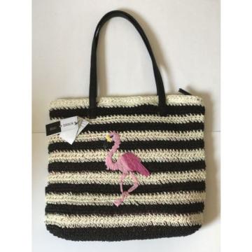 NWT LILAC +BLACK FLAMINGO BLACK/STRAW STRIPED PURSE/TOTE/BEACH BAG