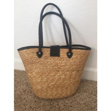 Cute Straw Beach Bag Tote Black Handles Interior Pockets