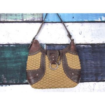 Brighton Brown Woven Straw Croc Embossed Western Leather Handbag Purse Bag