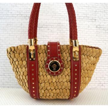 MICHAEL MICHAEL KORS Studded Red Leather-Trim Santorini Woven Straw Tote Bag