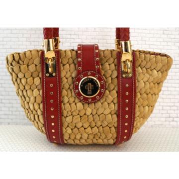 MICHAEL MICHAEL KORS Studded Red Leather-Trim Santorini Woven Straw Tote Bag