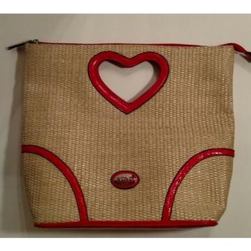 XOXO Natural color STRAW Woven Hand Bag/Purse w/RED HEART SHAPED cut-out handles