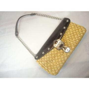 MICHAEL KORS Natur STRAW w/Blac PATENT LETHR w/CHAIN Strap, Sm SHOULDR BAG Purse