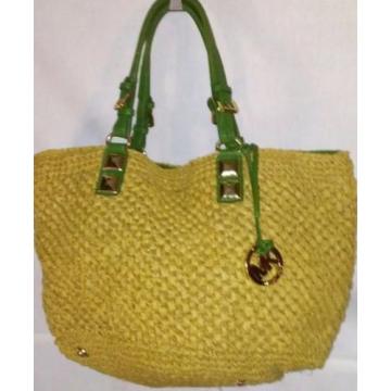 Michael Kors Straw Bag W/Green Leather Trim &amp; Studs FABULOUS! Retail $225!