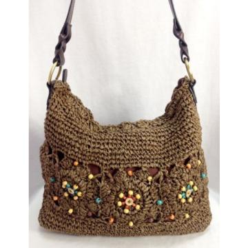 Brown Straw Shoulder Bag Purse with Wooden Bead Design &amp; Zip closure