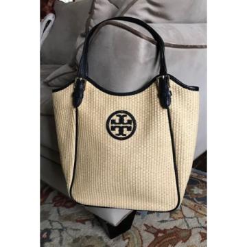 Tory Burch Straw Slouchy Tote Bag Natural Black