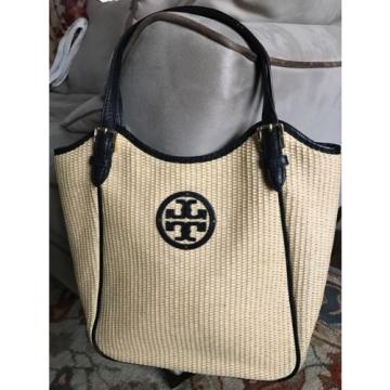 Tory Burch Straw Slouchy Tote Bag Natural Black