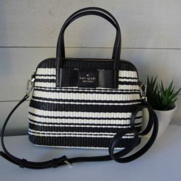 KATE SPADE Black Cream MAISE STRAW SATCHEL Julia Street LEATHER HANDBAG Bag RARE