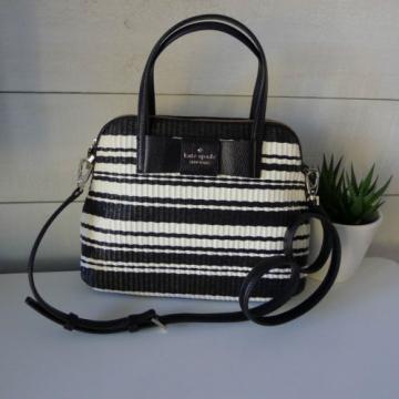 KATE SPADE Black Cream MAISE STRAW SATCHEL Julia Street LEATHER HANDBAG Bag RARE