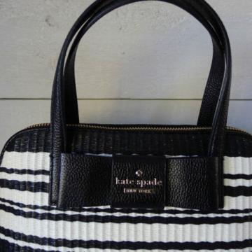 KATE SPADE Black Cream MAISE STRAW SATCHEL Julia Street LEATHER HANDBAG Bag RARE