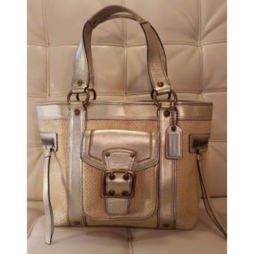 Coach Legacy Straw Tote Shoulder Bag Metallic Gold Leather Front Pocket 113