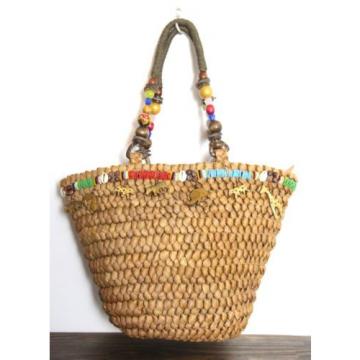 NEW CAPPELLI BRAIDED BROWN STRAW BEAD CHARM DECOR BASKET TOTE SHOULDER BAG PURSE