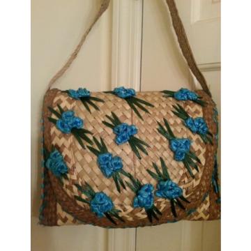 NEW Woven Straw PURSE Womens HANDBAG SHOULDER BAG Strap w Flowers