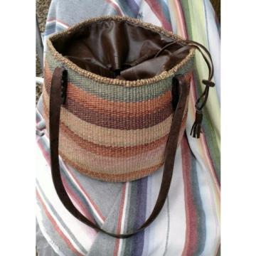 Large Woven Straw Shoulder Bucket Bag Leather Draw Top Tight Weave Southwest