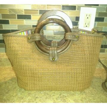 Fossil Carmel Brown Woven Straw/ Leather &amp; Wood Shoulder tote  Bag Purse