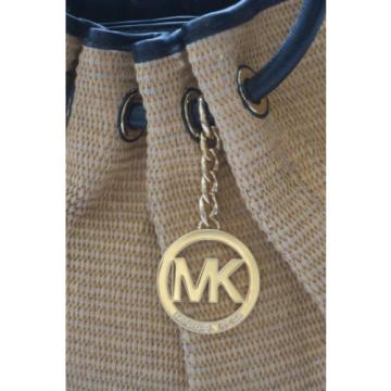 MICHAEL KORS BEIGE/BLACK STRAW LEATHER SATCHEL SHOULDER PURSE BAG