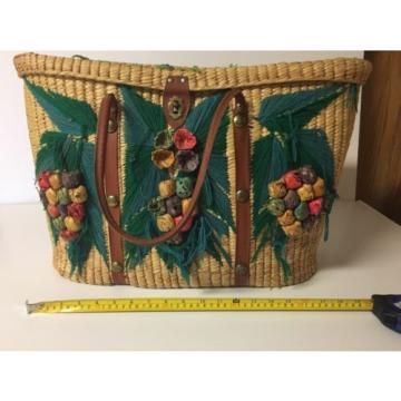 Mexico STRAW BASKET WEAVED PALM LEAF WOVEN BAG TOTE SOUVENIR