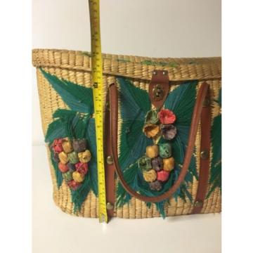 Mexico STRAW BASKET WEAVED PALM LEAF WOVEN BAG TOTE SOUVENIR