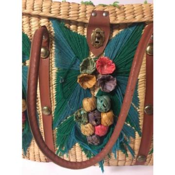 Mexico STRAW BASKET WEAVED PALM LEAF WOVEN BAG TOTE SOUVENIR