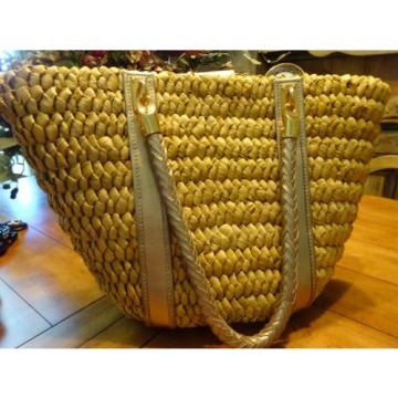 MICHAEL KORS Large Straw/Cornhusk Braided Leather Tote Bag w/ Gold Hardware EUC!