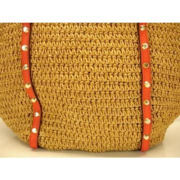 Michael Kors Gold Studded Straw Large Shopper Tote Bag Orange Leather Shoulder