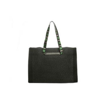 LANVIN green python print leather strap black straw woven beach tote bag