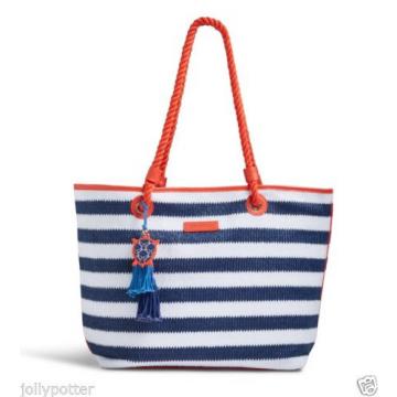 VERA BRADLEY Striped Tote NAVY TURTLES Large Straw Bag Beach Pool NAUTICAL $68!